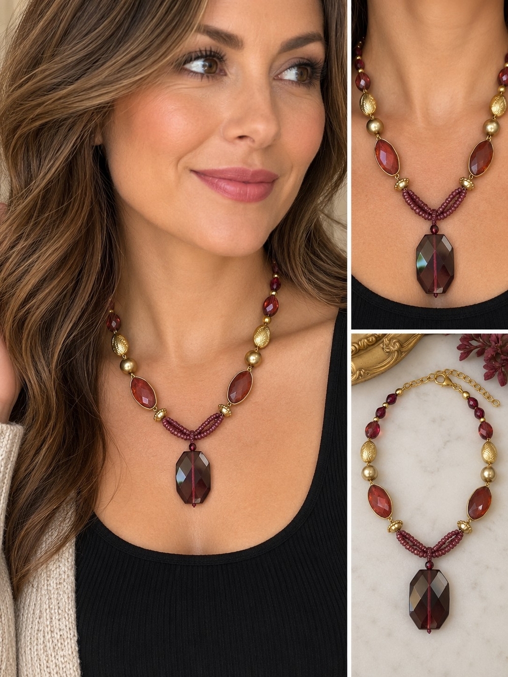 Elegant Deep Purple and Gold Faceted Pendant Necklace - Women Jewelry